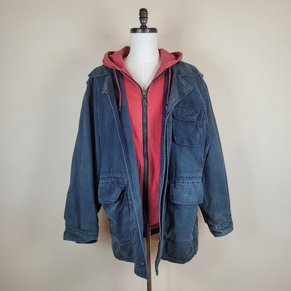 VTG Guess Classics Jacket Mens XL Blue Red Hooded Cotton Utility 90s Oversized